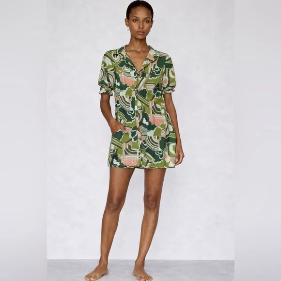 Anthropologie Short Printed Button-Front Mini Dress in Green and Pink - Picture 1 of 6